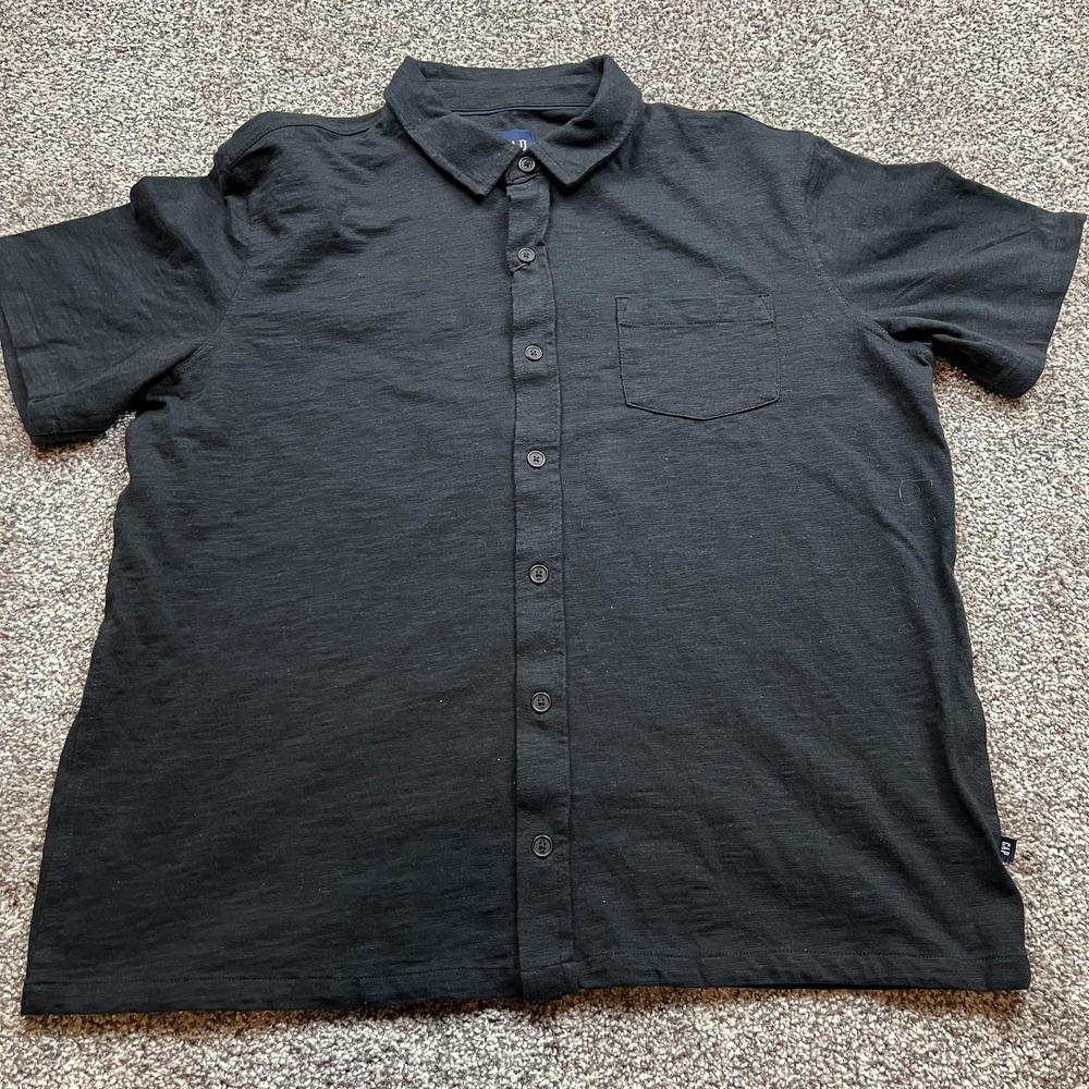 GAP Shirt Mens Large Black Short‎ Sleeve Knit Button Down Casual Cotton Pocket